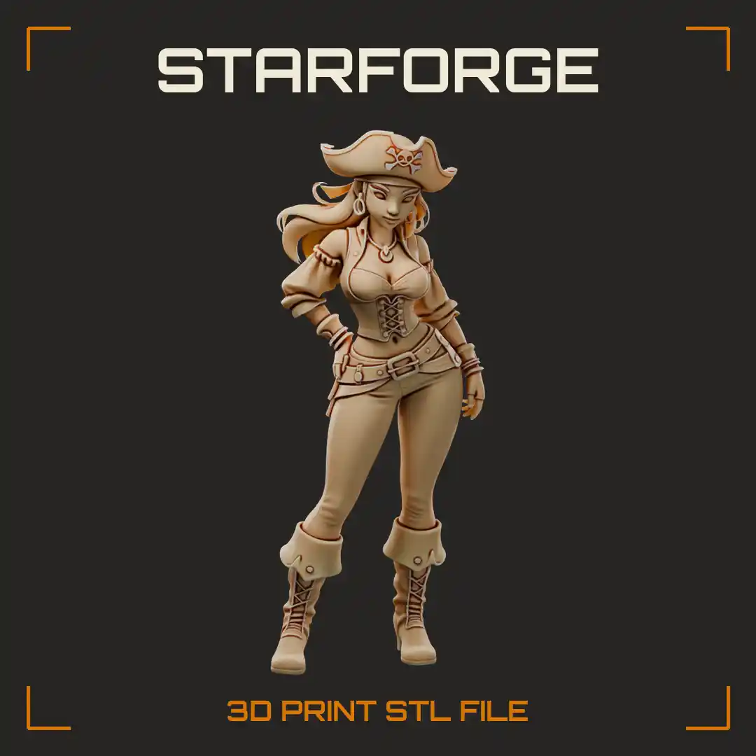 Curvy Pirate Plunderer Woman in Tricorn Hat Laced Corset and Cuffed Heeled Boots - 3D Printable STL File
