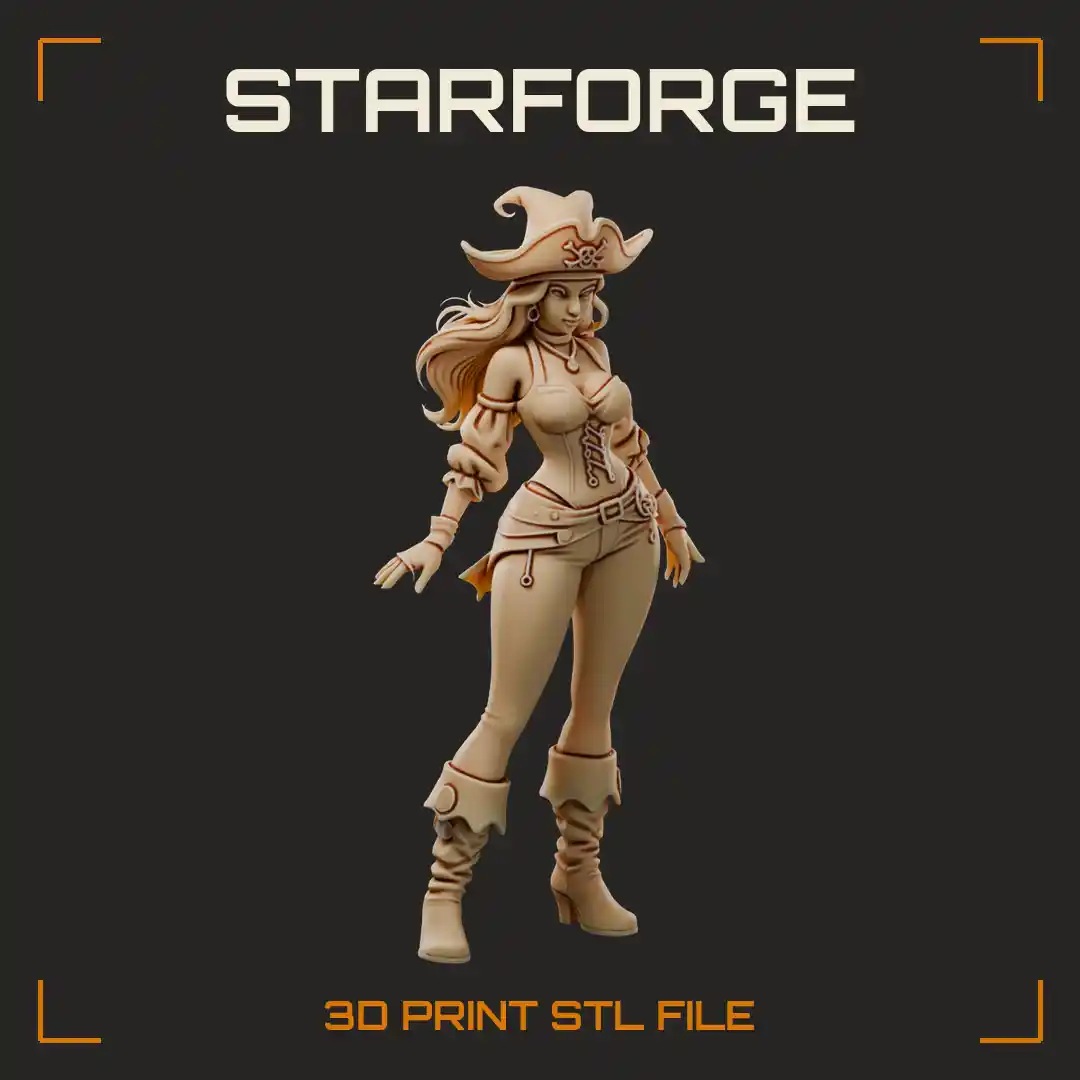 Curvy Pirate Sea Witch in Tricorn Hat Corset and Cuffed High-Heeled Boots - 3D Printable STL File