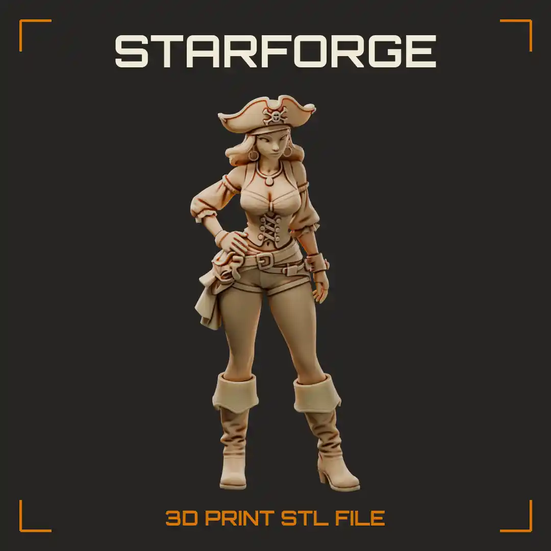 Curvy Pirate Seafarer Woman in Tricorn Hat Corset Shorts and Cuffed Boots - 3D Printable STL File