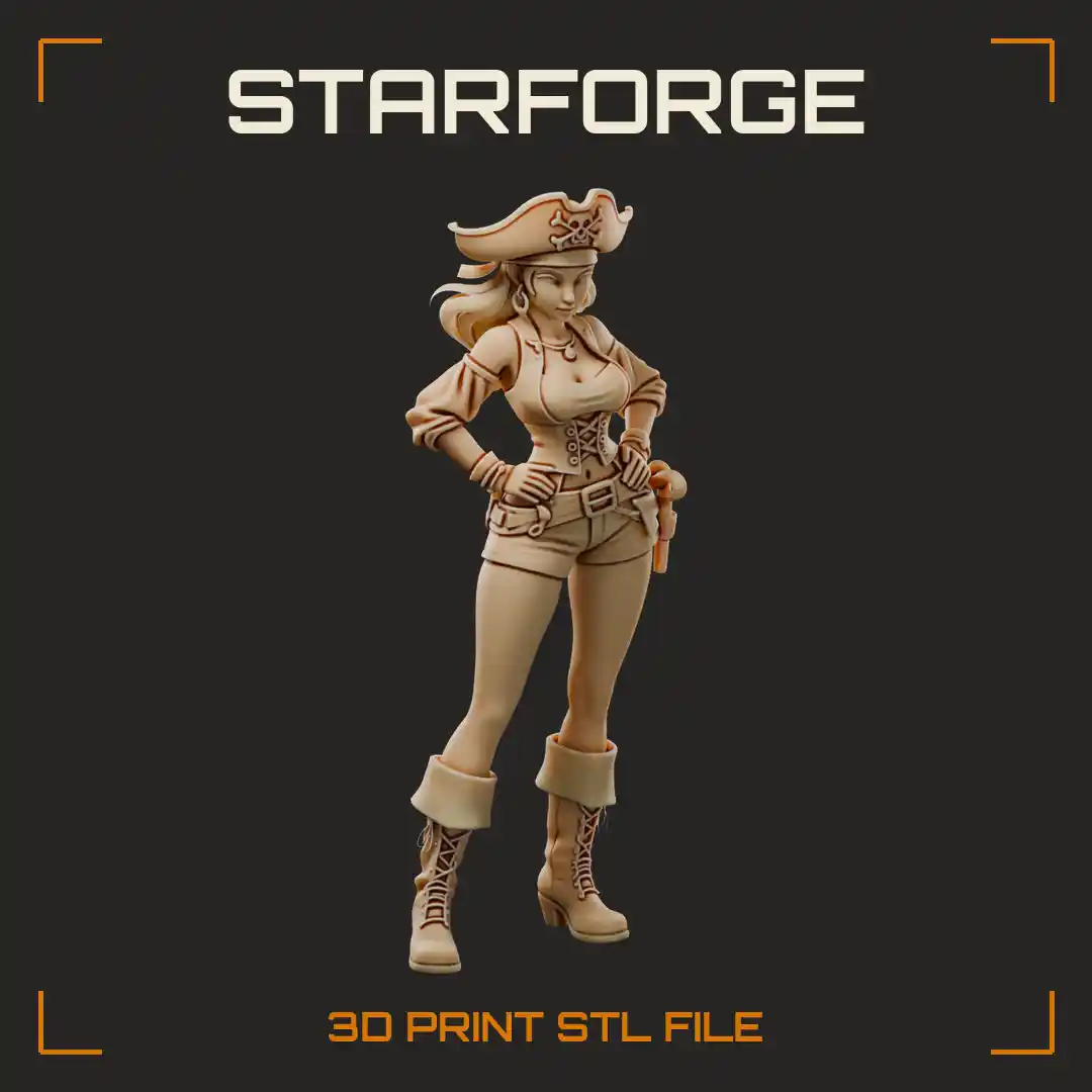 Curvy Pirate Shipwright Woman in Tricorn Hat Corset Shorts and Cuffed Boots with Flintlock - 3D Printable STL File