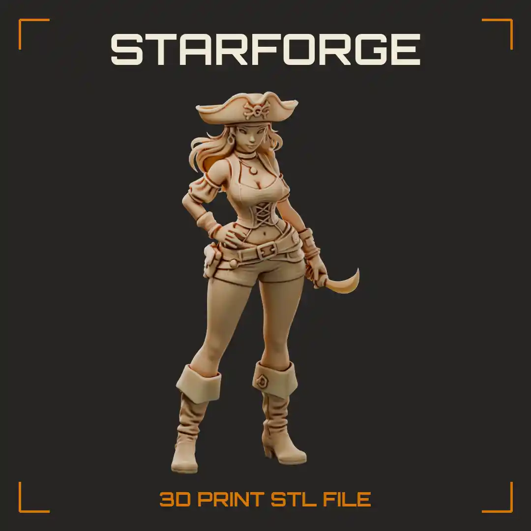 Curvy Pirate Treasure Hunter Woman in Tricorn Hat Corset and Cuffed Boots with Hook Dagger - 3D Printable STL File