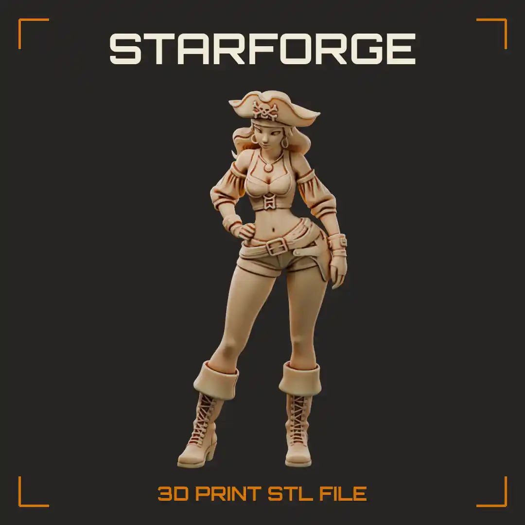 Curvy Pirate Woman in Tricorn Hat Puffed Sleeves Shorts and Cuffed Lace-Up Boots - 3D Printable STL File