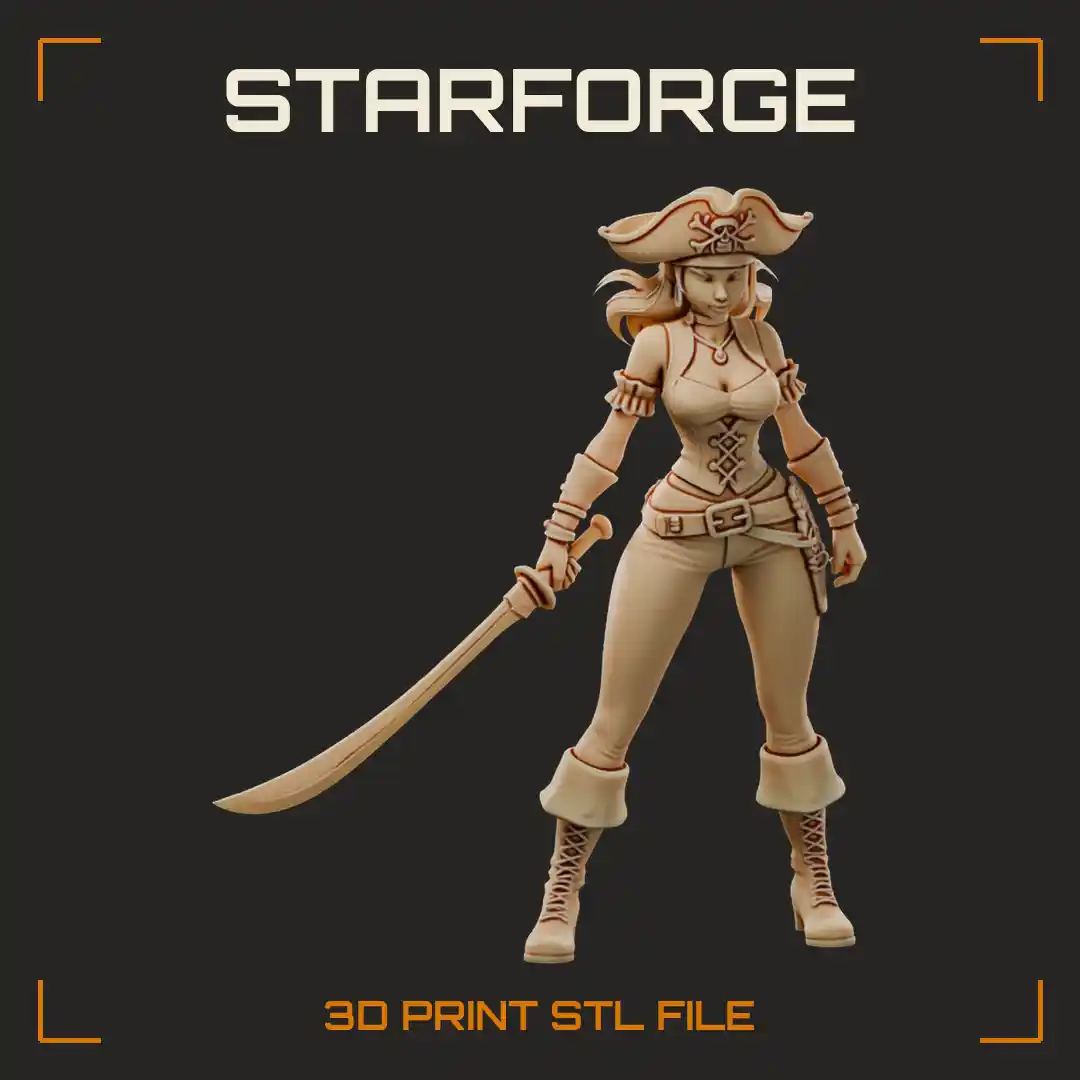 Curvy Pirate Woman with Tricorn Hat Long Curved Cutlass and Cuffed High-Heel Boots - 3D Printable STL File