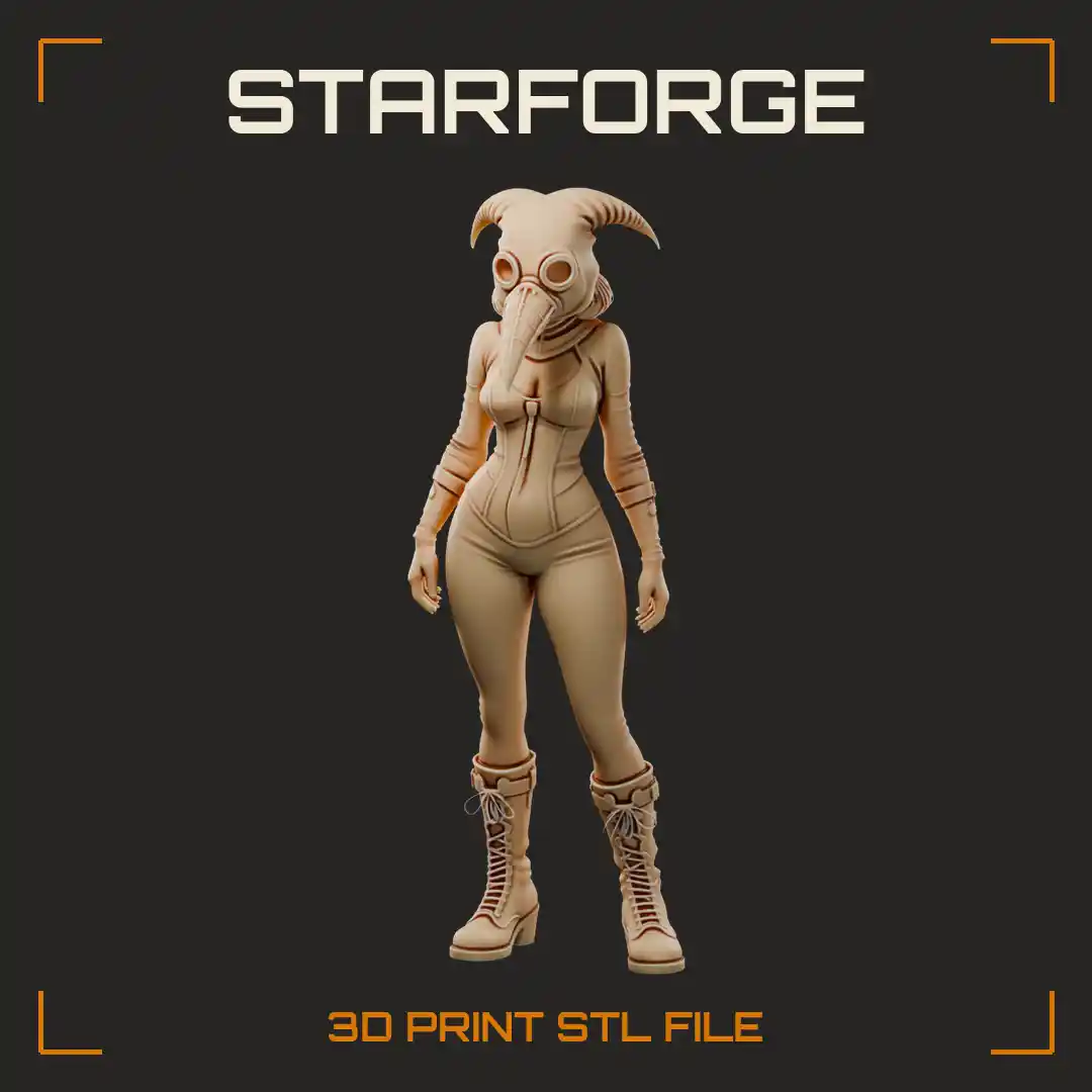 Curvy Plague Doctor Woman with Beaked Mask Hooded Collar Bodysuit and Laced Boots - 3D Printable STL File