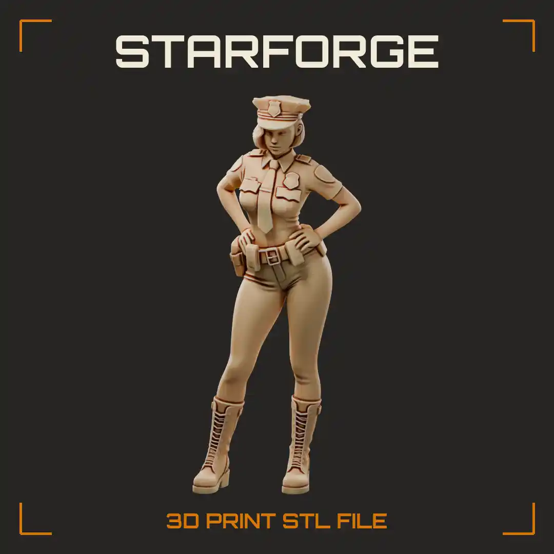 Curvy Police Officer Woman with Peaked Cap Duty Belt Shorts and Laced Combat Boots - 3D Printable STL File