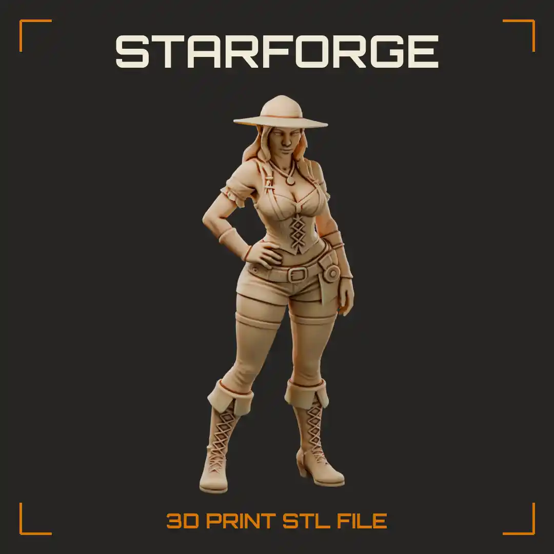 Curvy Tavern Girl in Wide-Brimmed Hat Laced Corset and Tall Lace-Up Boots - 3D Printable STL File