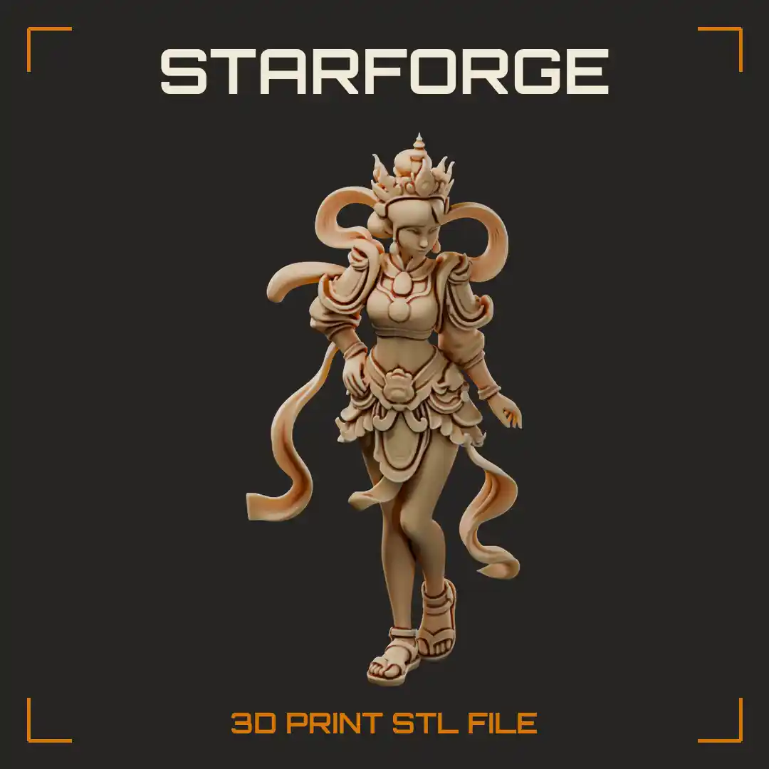 Curvy Temple Guardian Woman with Ornate Crown Flowing Ribbons and Lotus Armor Skirt - 3D Printable STL File