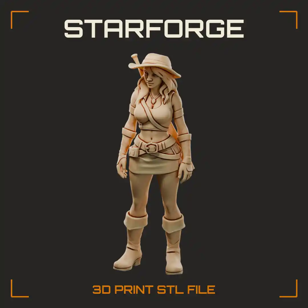 Curvy Treasure Hunter Woman in Wide Brim Hat Tall Boots and Back Sheathed Sword - 3D Printable STL File