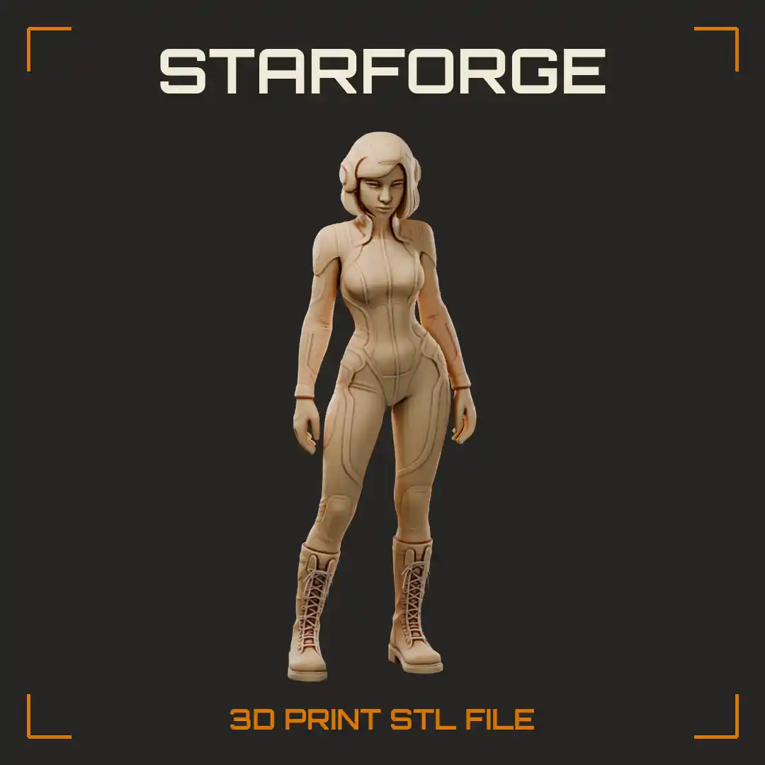 Curvy Xenobiologist Woman in Seamed Bodysuit with Headphone Helmet and Laced Combat Boots