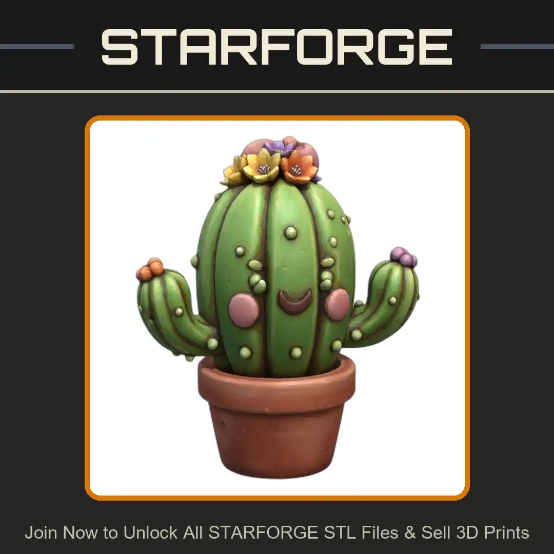 Cute Desert Cactus with Playful Expression and Flower Buds - 3D Printable STL File