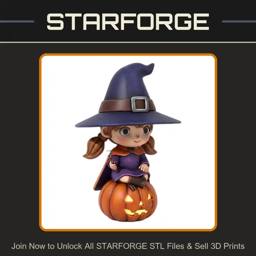 Cute Halloween Cute Witch Girl Pointy Hat Sitting Jack O Lantern Braided Hair Staff - 3D Printable STL File