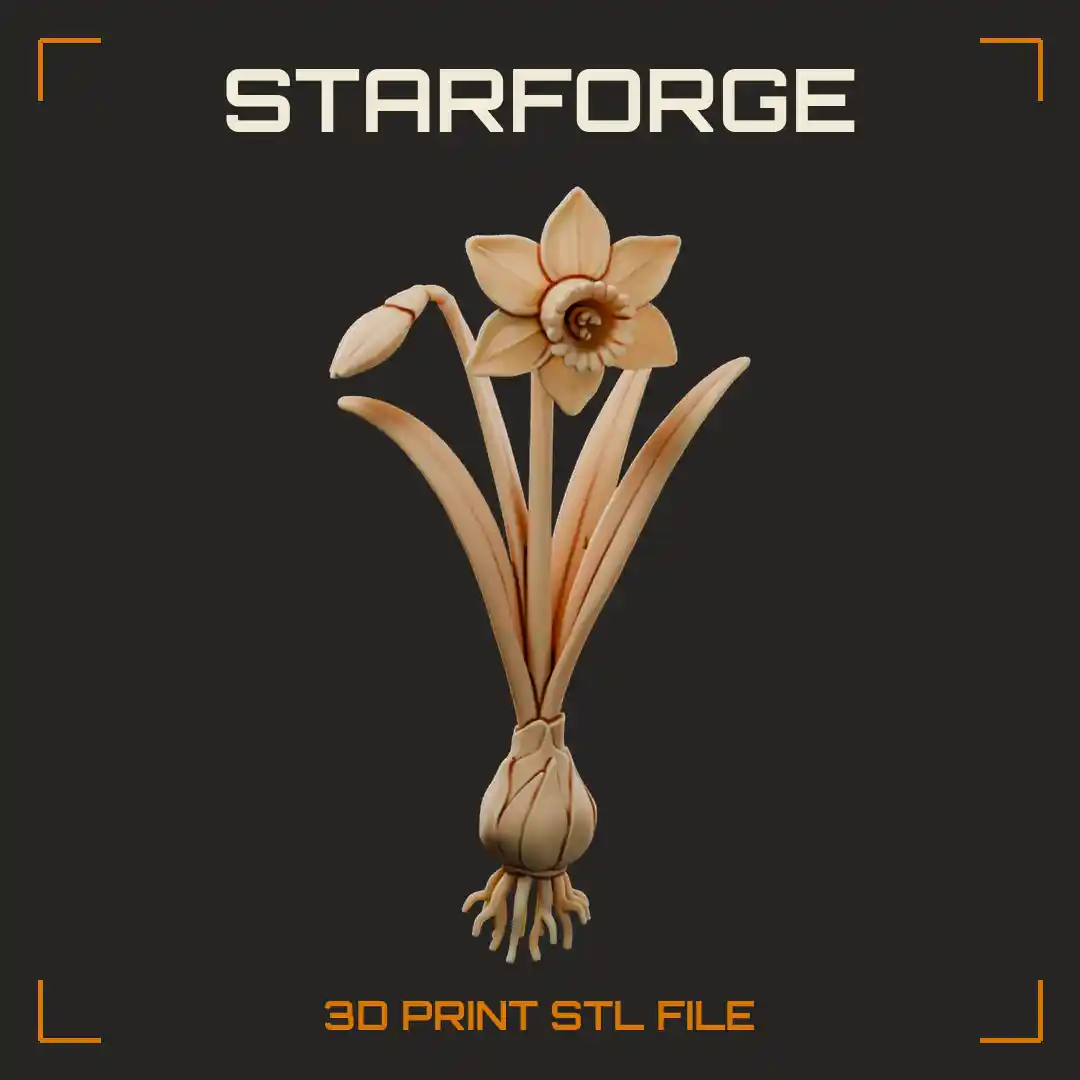Daffodil Flower Anatomy with Trumpet Corona Tepals Flower Bud Strap Leaves Bulb and Roots - 3D Printable STL File