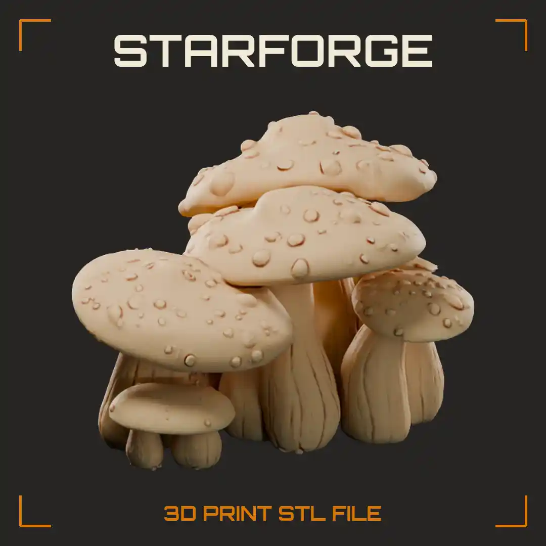 Dense Toadstool Cluster with Warty Spotted Caps and Gnarled Ridged Stems - 3D Printable STL File