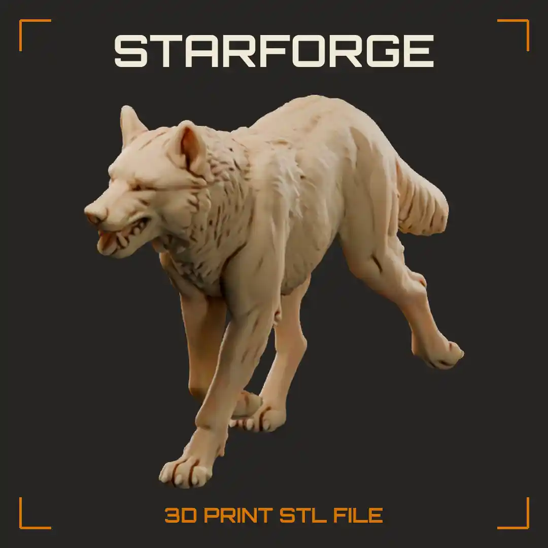 Dire Wolf Standing Side View with Broad Heavy Skull Thick Neck and Bushy Tail