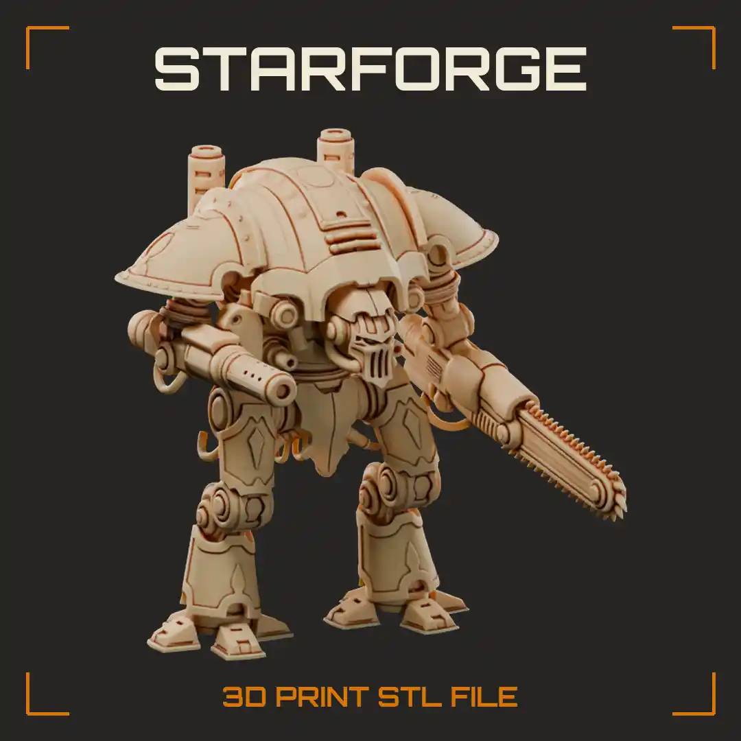 Domed Knight Walker Mech with Chainsaw Arm Twin Barrel Cannon and Riveted Plate Armor - 3D Printable STL File