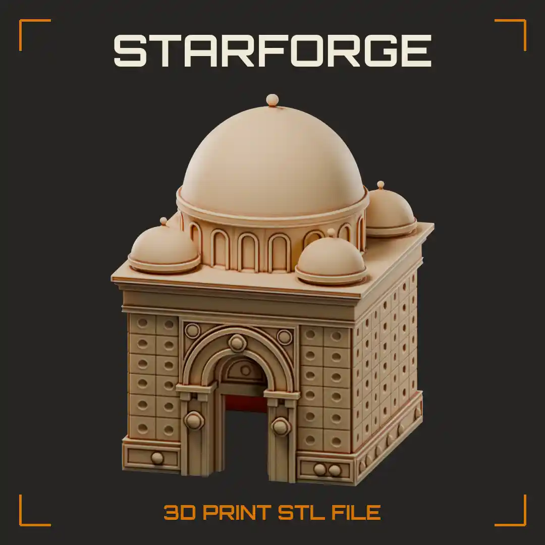 Domed Stone Temple with Four Corner Cupolas Arched Doorway and Riveted Paneled Walls