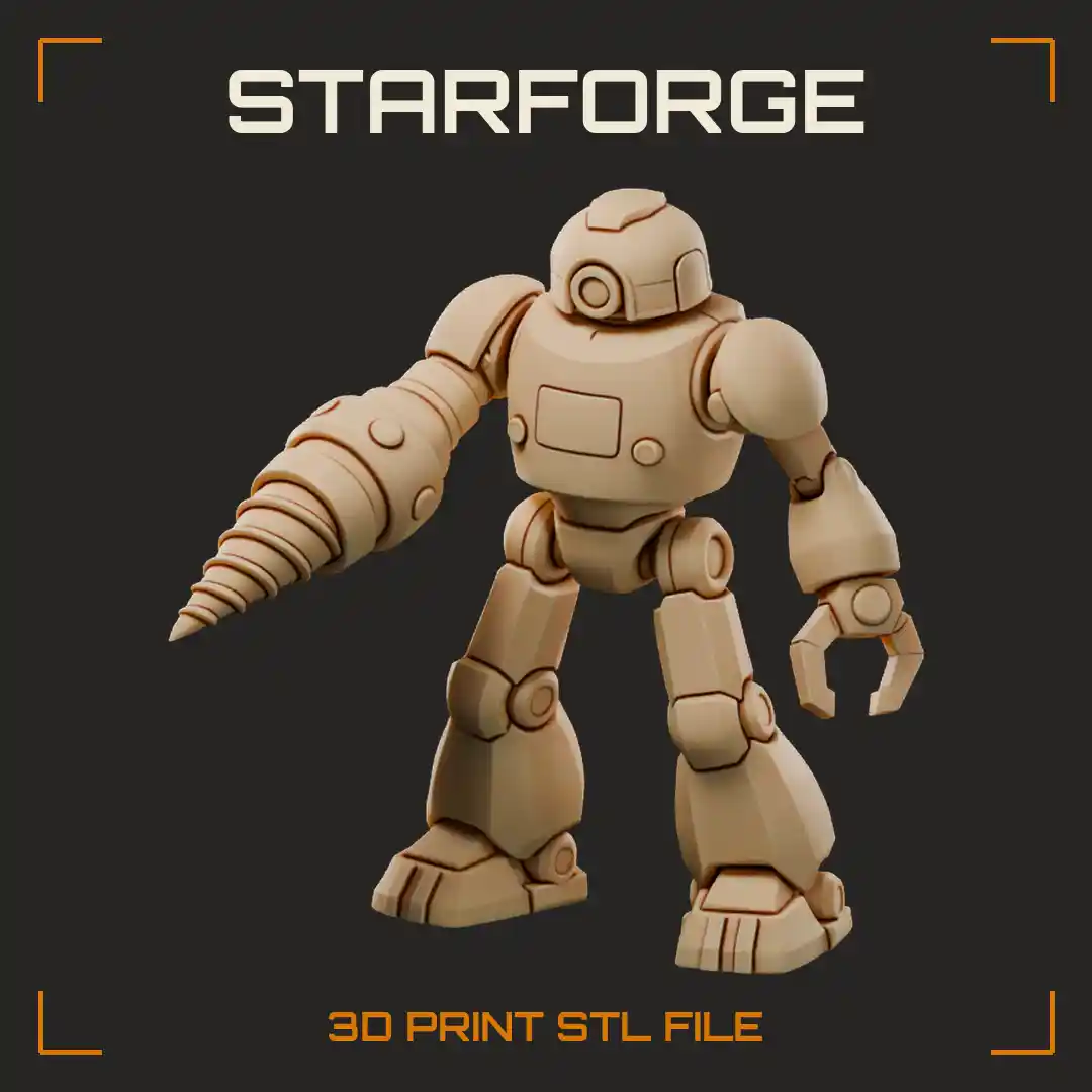Drill Robot with Giant Spiral Drill Arm Heavy Shoulders Horned Head and Thick Legs