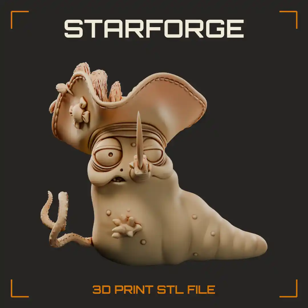 Droopy-Eyed Sea Slug in Tricorn Hat with Spiral Shell Cutlass and Rope - 3D Printable STL File