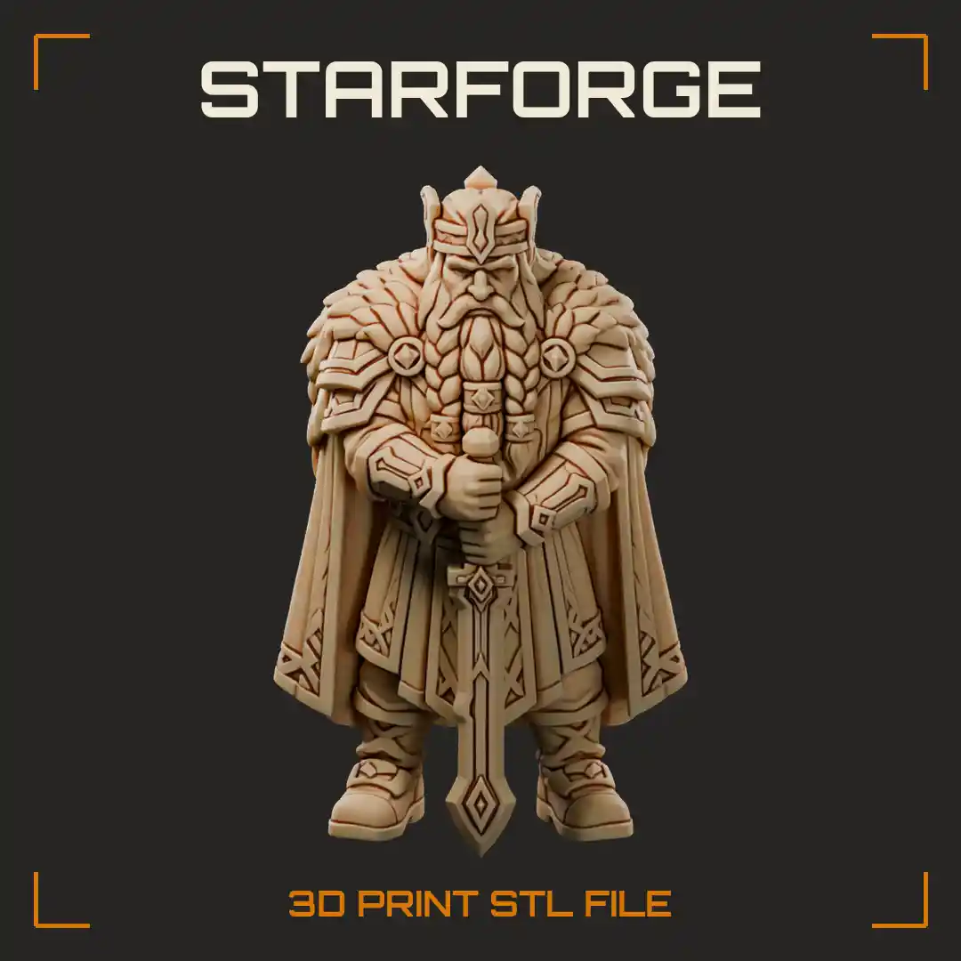 Dwarf King Statue with Crown Braided Beard War Hammer and Carved Plinth