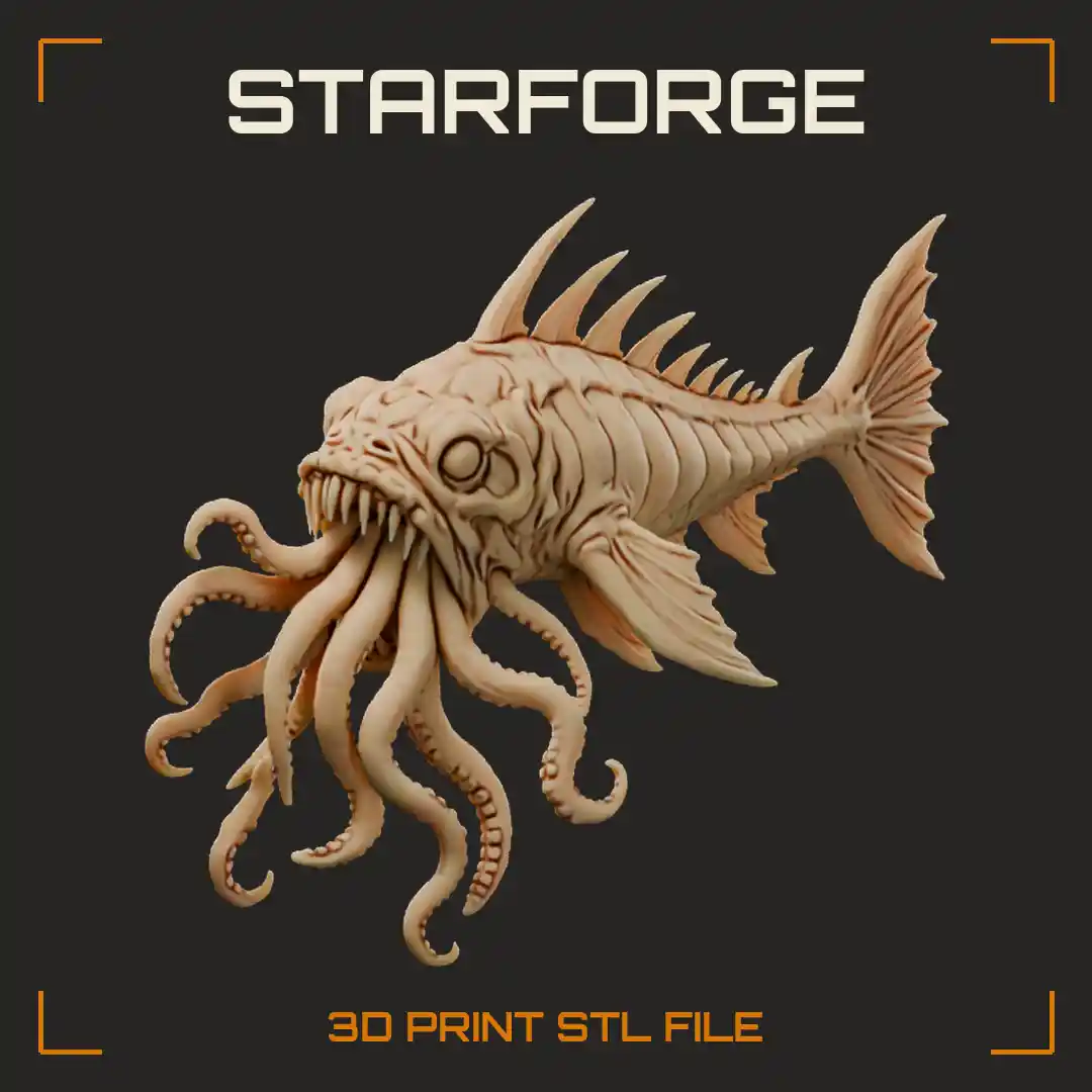 Eldritch Skeletal Anglerfish Monster with Fanged Maw Writhing Suckered Tentacles Spined Back and Fanned Tail - 3D Printable STL File