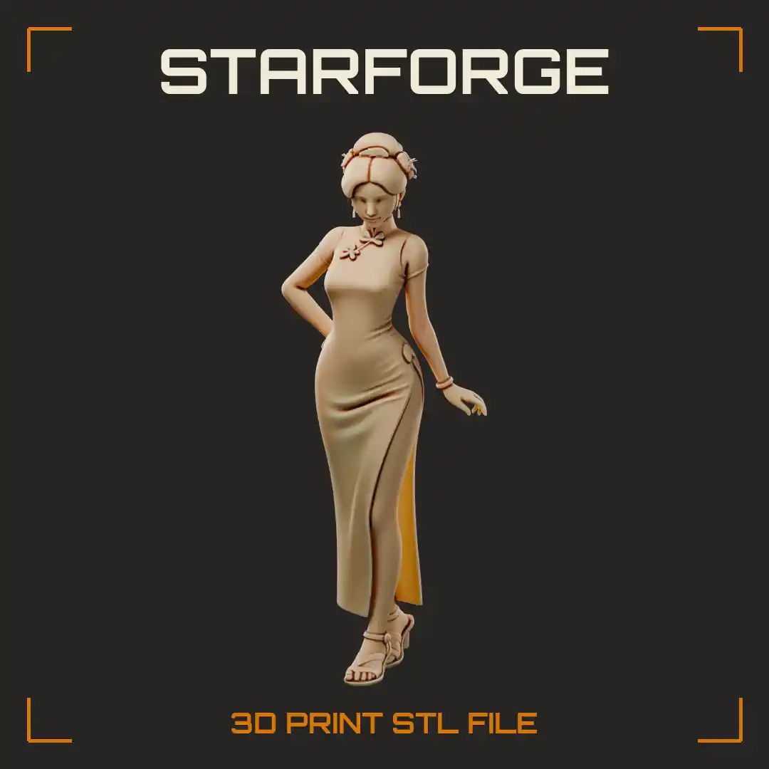 Elegant Court Lady in High-Slit Qipao with Hair Bun Hand on Hip and Sandals - 3D Printable STL File
