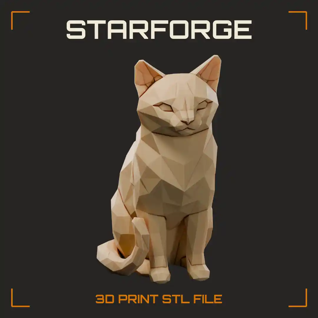 Faceted Low Poly Sitting Cat with Pointed Ears and Curled Tail