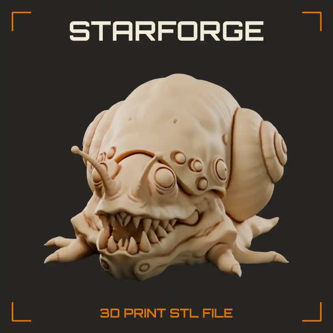 Fanged Snail Monster with Twin Spiral Shells Riveted Carapace and Bulging Eyes