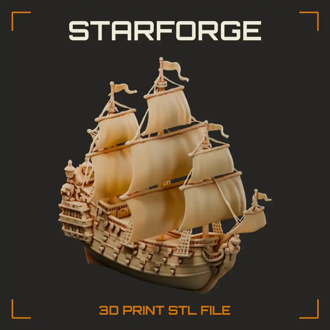 Fantasy Galleon with Carved Stern Castle Three Masts Sails and Gun Ports