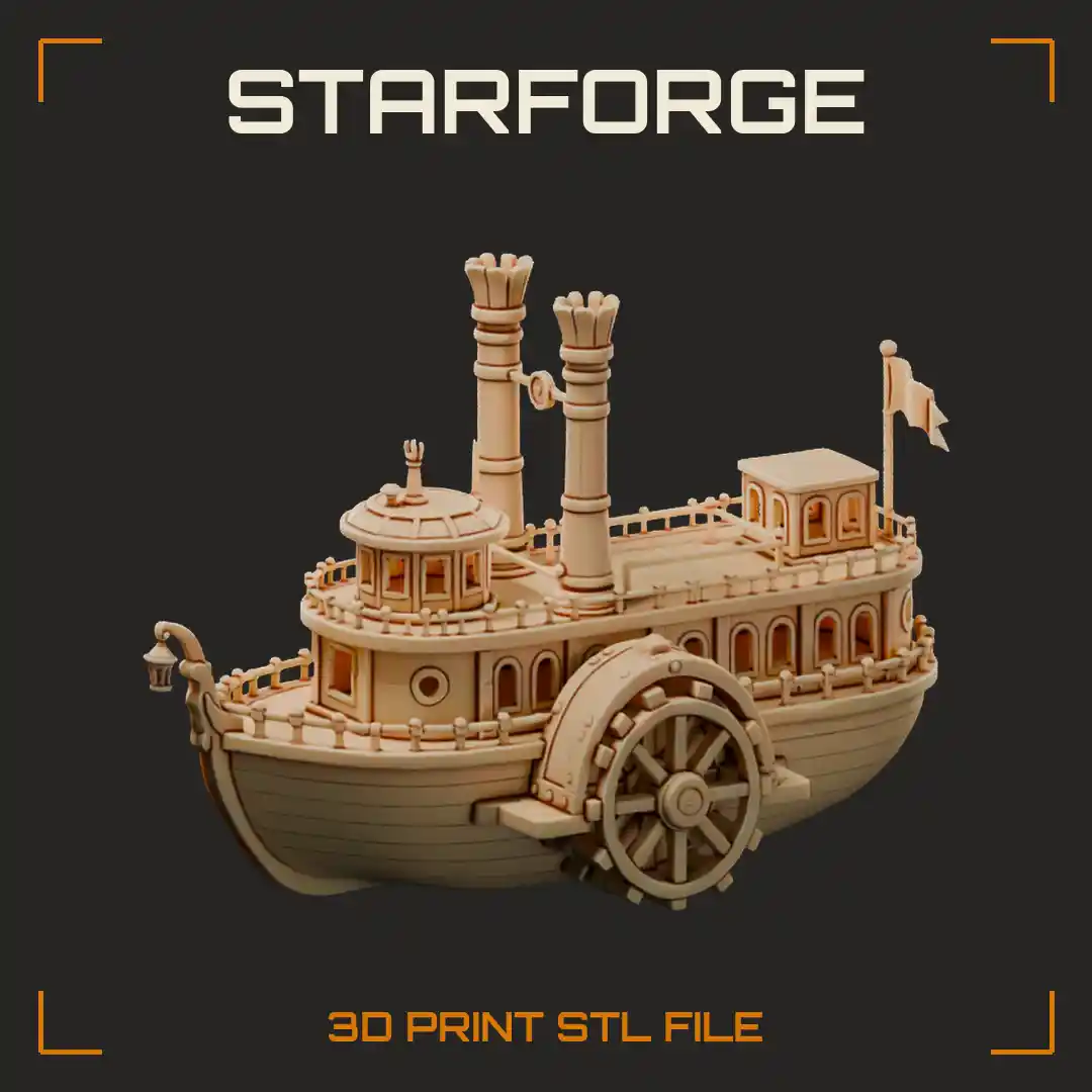 Fantasy Steamboat with Side Paddle Wheel Twin Smokestacks and Railed Decks