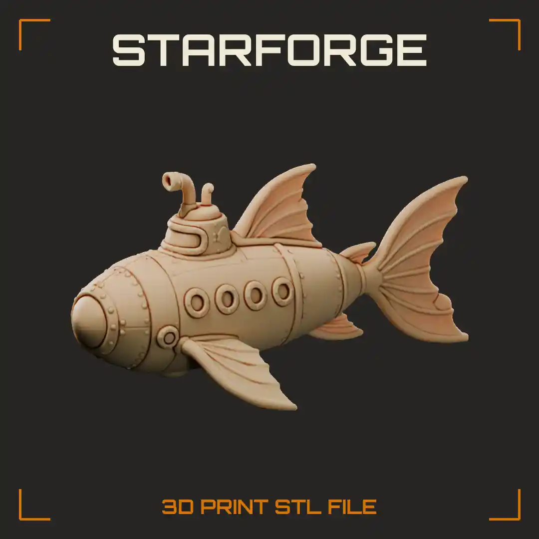Fantasy Submarine With Fish Fins Scaled Hull Round Portholes And Tail Propeller