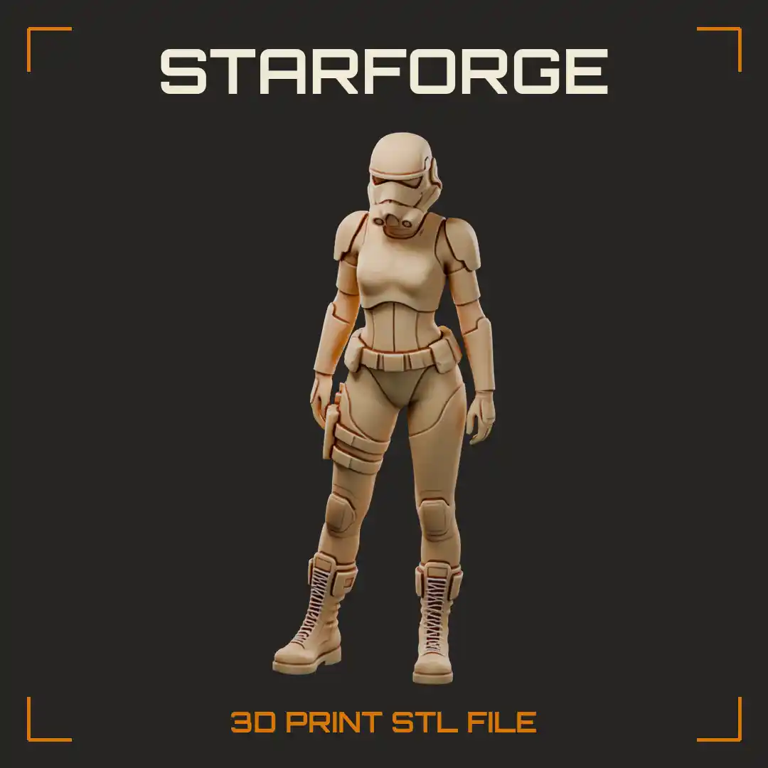 Female Clone Trooper in Domed Armored Helmet with Holstered Blaster and Combat Boots