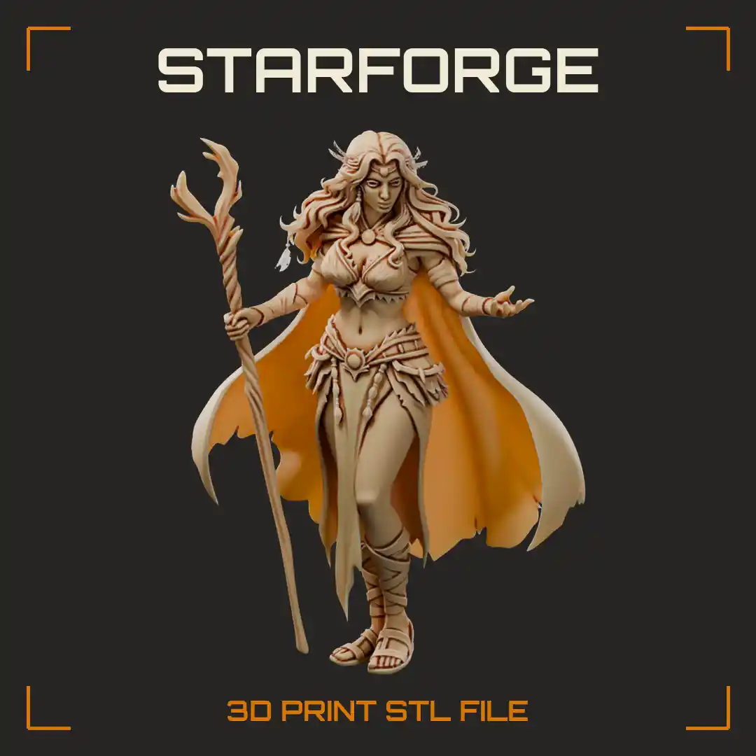 Female Druid with Twisted Branch Staff Tattered Flowing Cloak and Open Hand Gesture