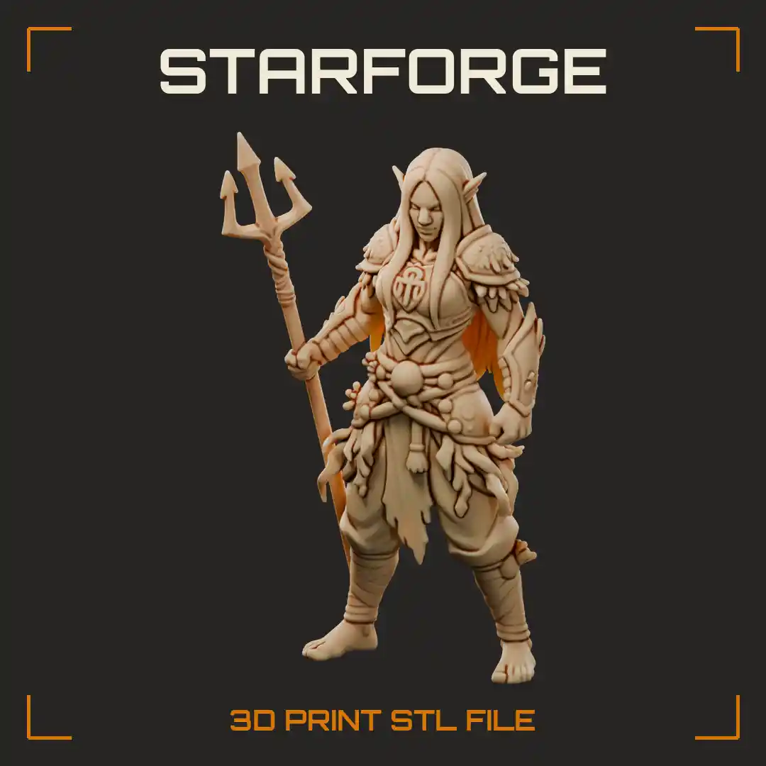 Female Triton Paladin with Trident Long Flowing Hair and Coral Shell Armor