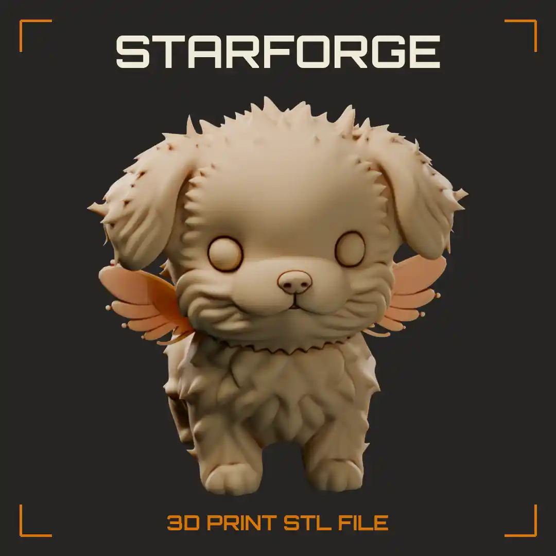 Fluffy Winged Puppy with Big Round Eyes Shaggy Ears and Spiky Fur