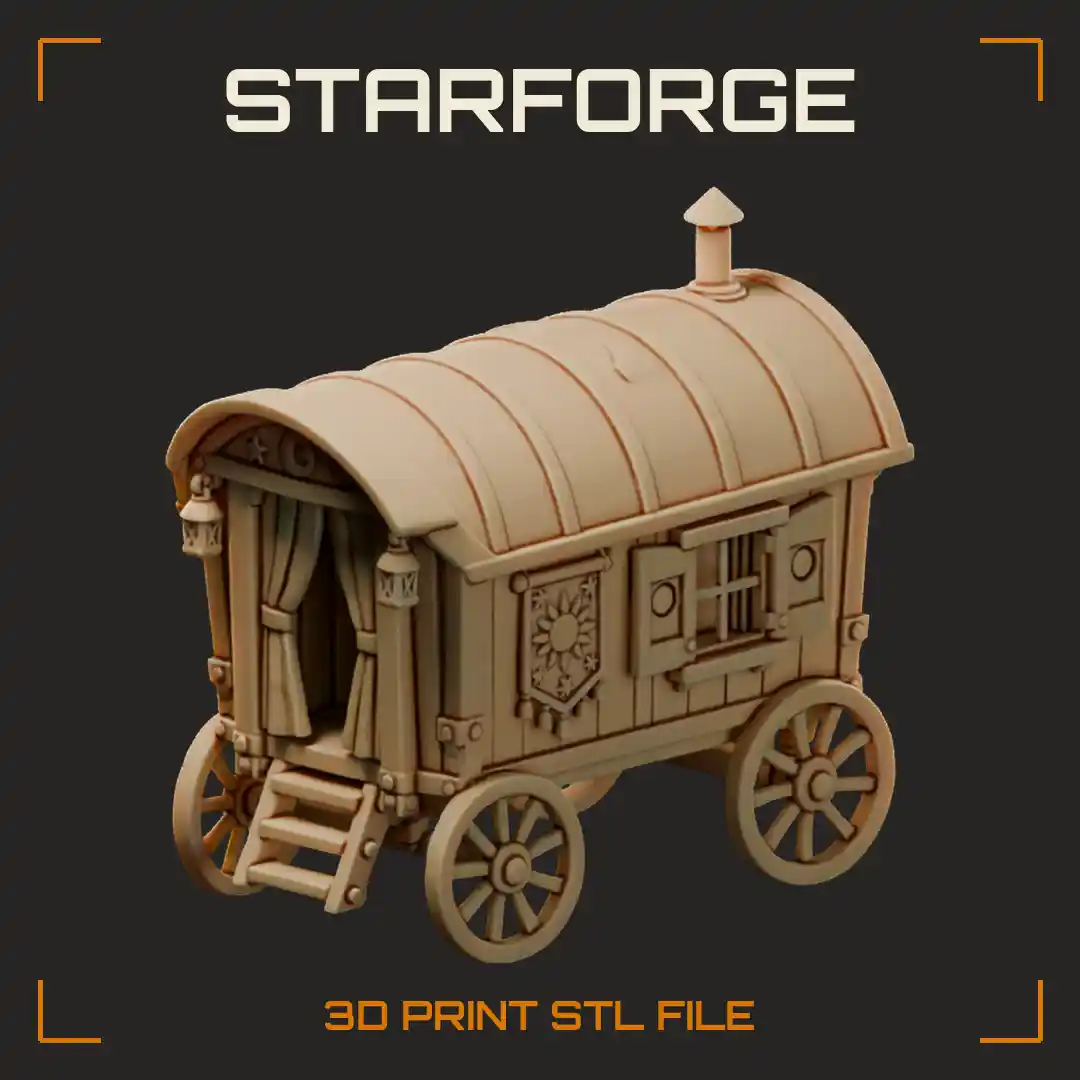 Fortune Teller Wagon With Curved Roof Spoked Wheels Carved Moon Panels And Steps
