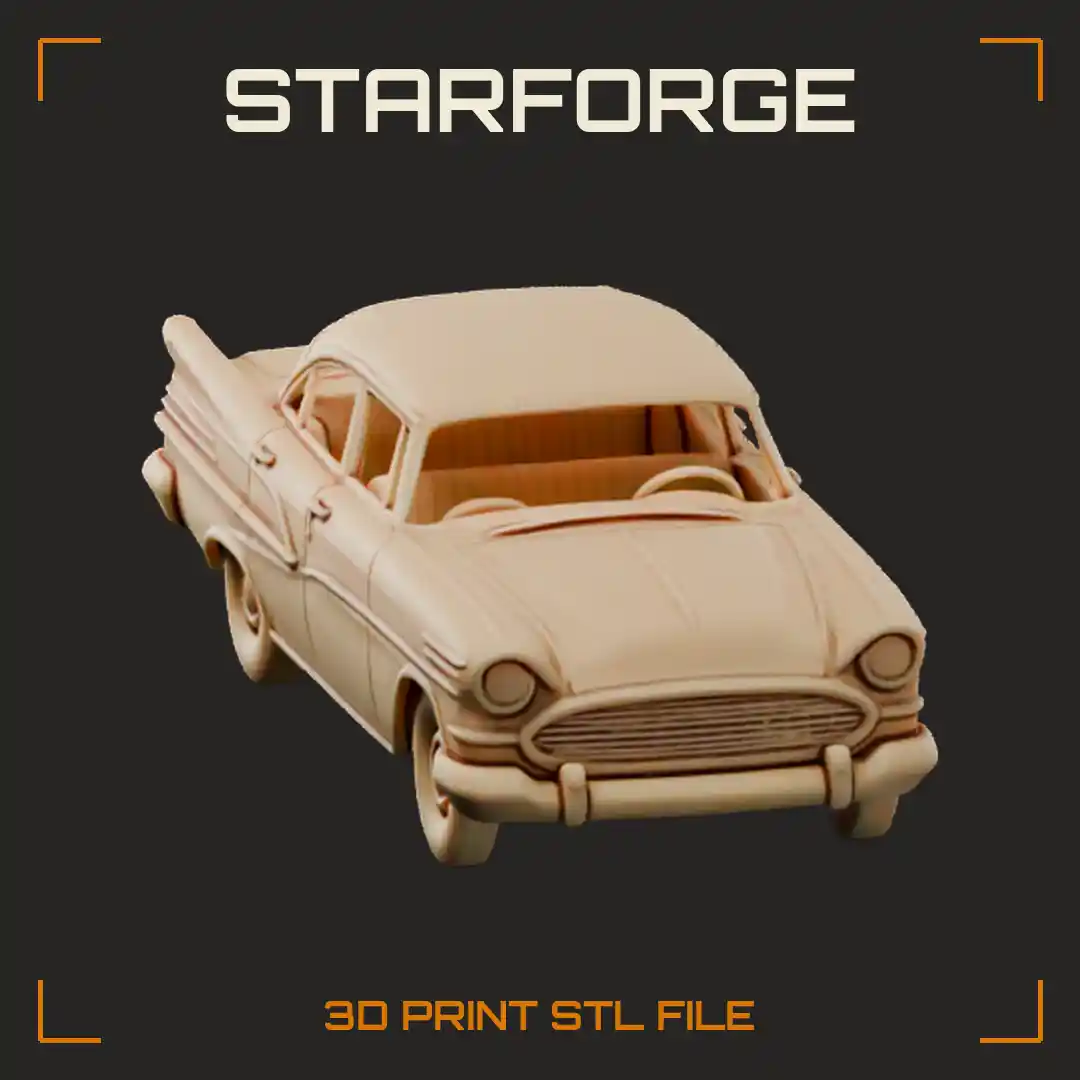 Four Door Sedan With Tall Rear Fins Oval Grille Chrome Bumpers And Whitewall Tires