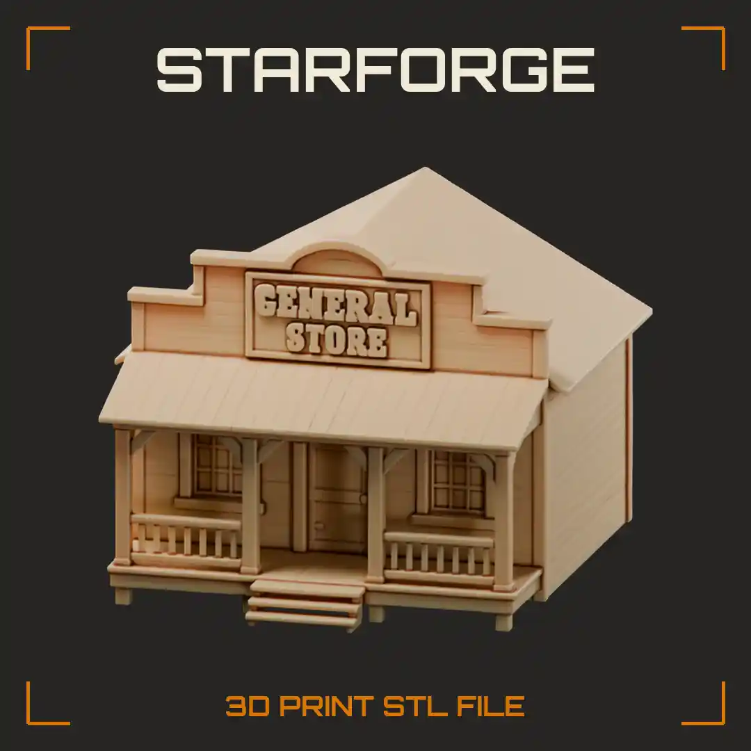 Frontier General Store with False Front Sign Covered Porch Railings and Wooden Steps