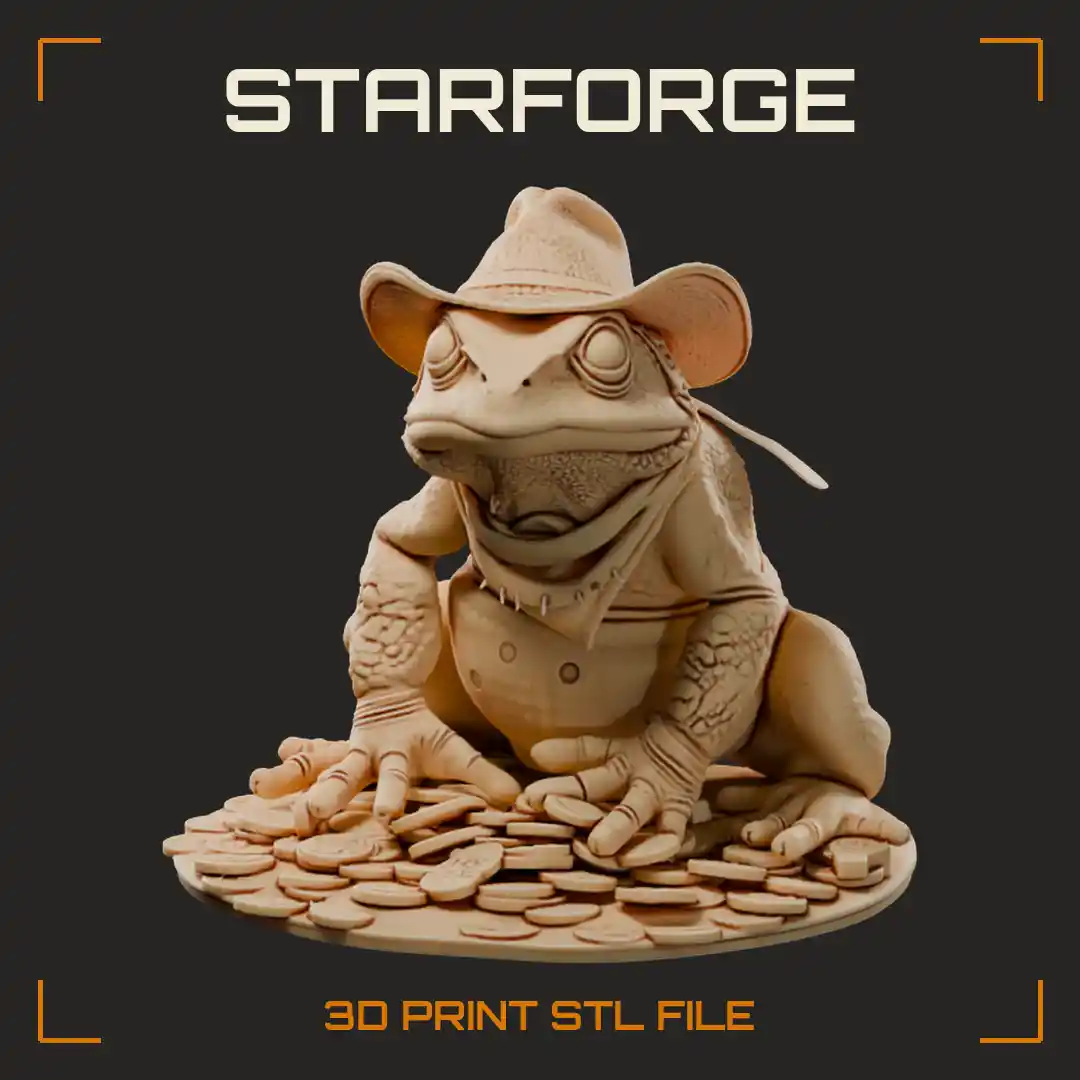Gaping Cowboy Toad in Bandana and Vest Crouched on Pile of Gold Coins - 3D Printable STL File
