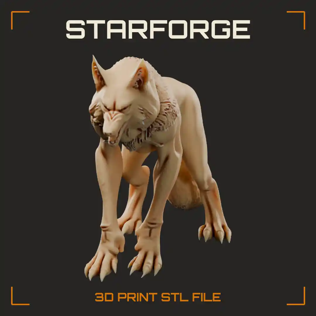 Gaunt Monster Coyote with Shaggy Fur Mane Snarling Jaws and Long Hooked Claws - 3D Printable STL File