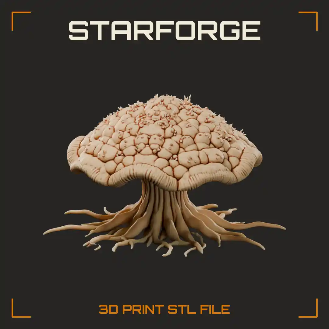 Giant Cracked-Cap Fungal Mushroom with Wavy Gills and Sprawling Tendril Roots - 3D Printable STL File