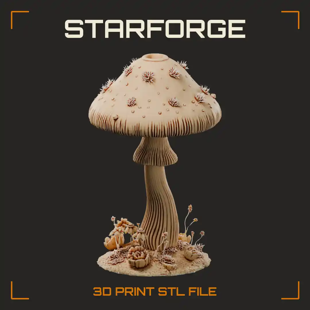 Giant Glowing Mushroom with Studded Cap Ribbed Stem and Toadstool Cluster Base