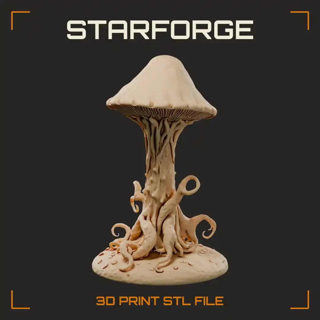 Giant Mushroom Monster with Twisted Root Tentacles and Ribbed Cap on Speckled Base