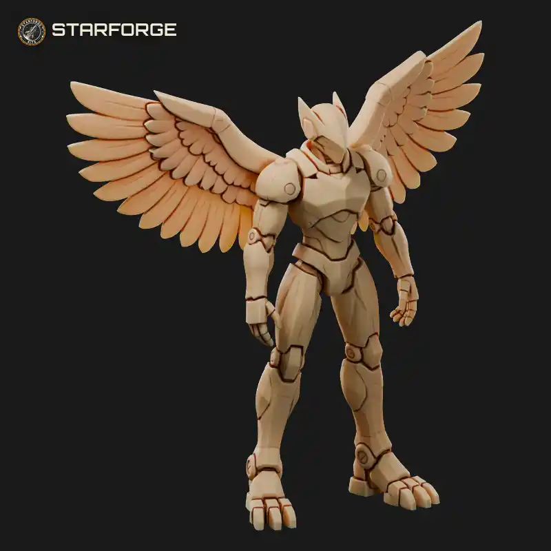 Giant Robot with Eagle Wings Bird Head Helmet Talon Feet and Chest Emblem Plate