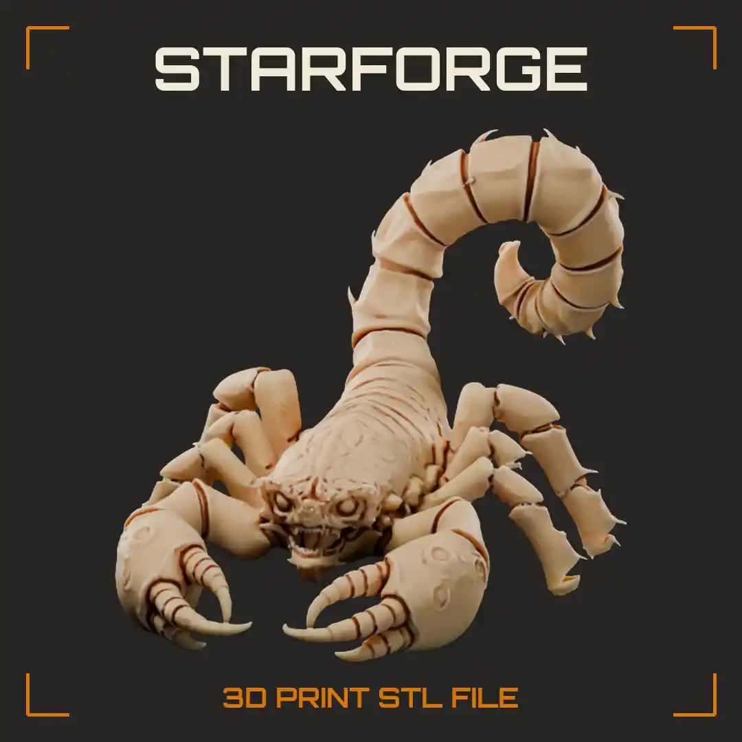 Giant Scorpion Monster with Ornate Engraved Carapace Curled Segmented Tail and Pincers