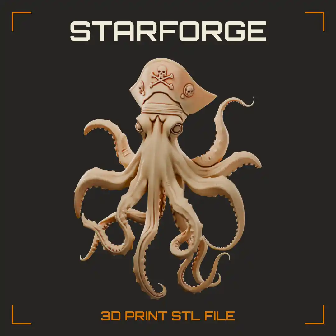 Giant Squid Wearing Skull and Crossbones Tricorn Hat with Curling Suckered Tentacles - 3D Printable STL File