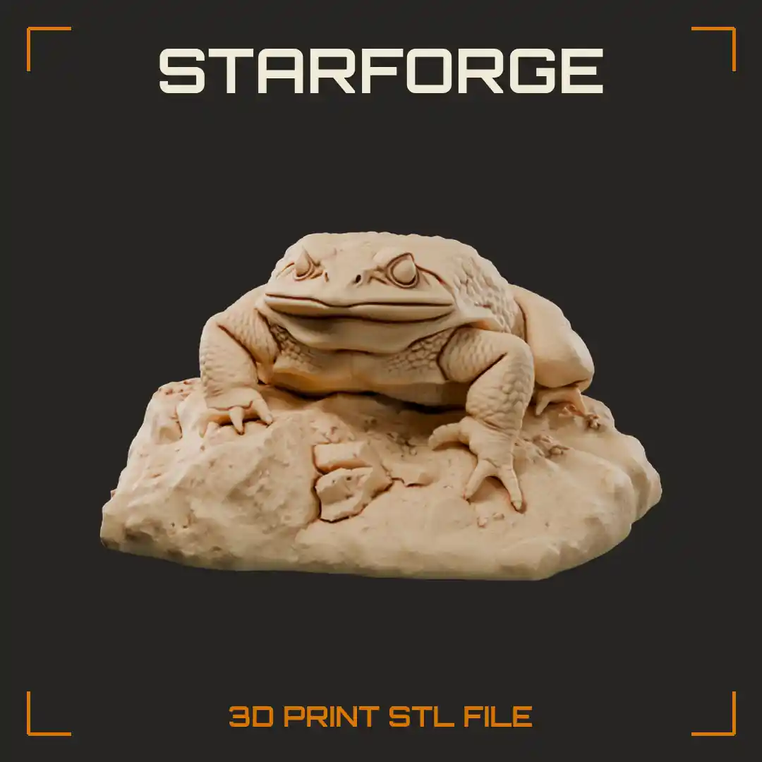 Giant Warty Desert Toad Crouching on Rocky Sandstone Base with Bumpy Skin - 3D Printable STL File
