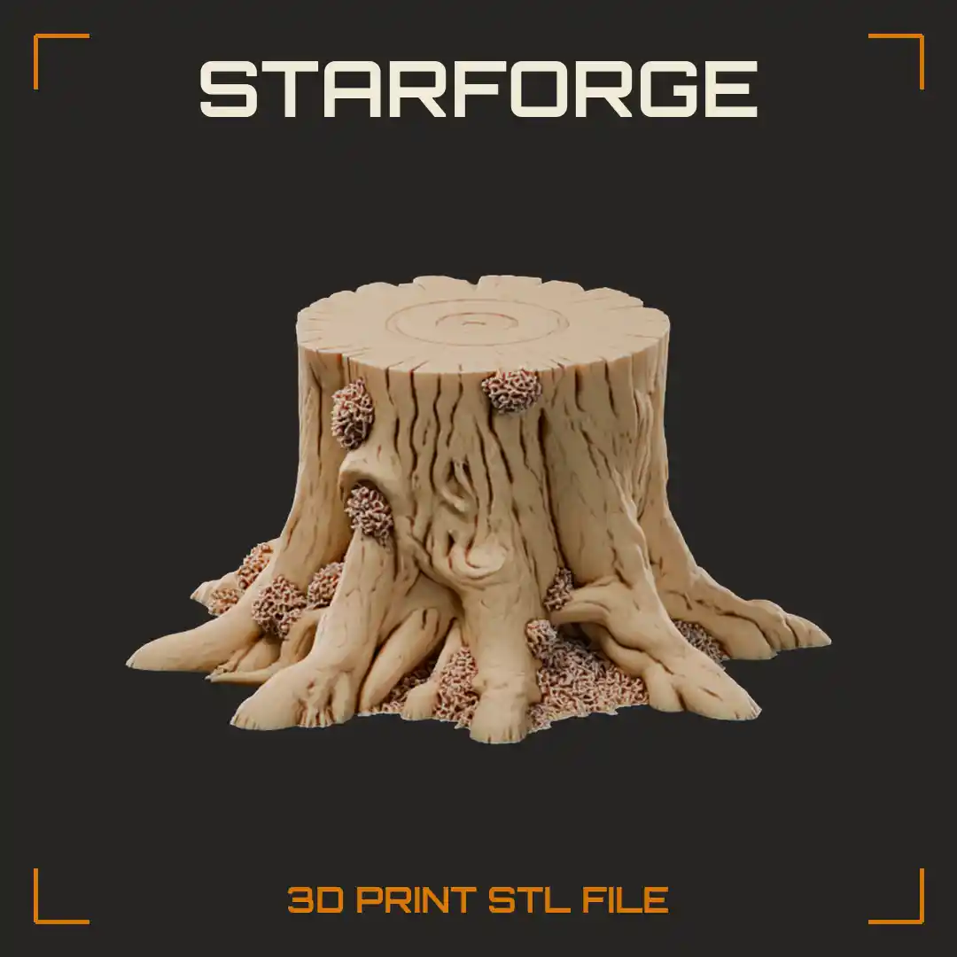 Gnarled Tree Stump with Ringed Cut Top Sprawling Roots and Mossy Clumps