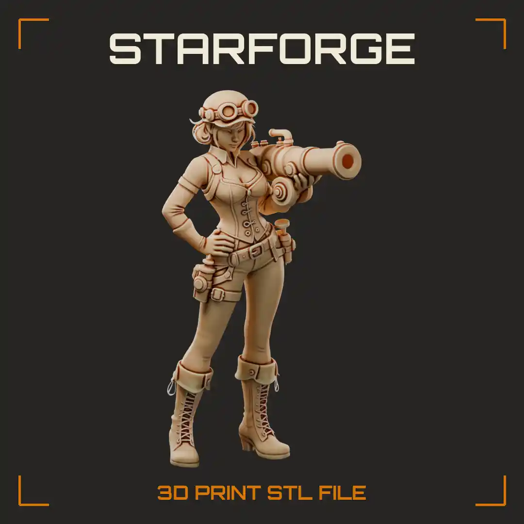 Goggled Cannon Operator Woman with Shoulder Steam Cannon Corset and Lace-Up Boots - 3D Printable STL File