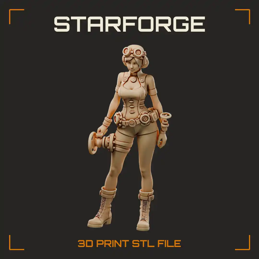 Goggled Pressure Valve Operator Woman with Brass Valve Wheel Tool Belt and Lace-Up Boots - 3D Printable STL File