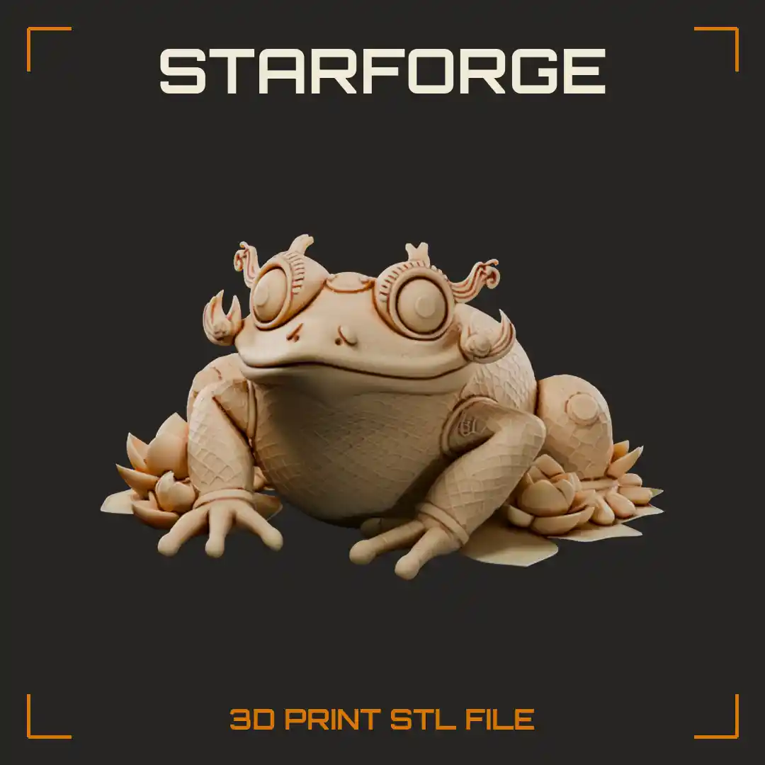 Golden Money Toad with Studded Back Ornate Eye Crest on Lotus Lily Pad - 3D Printable STL File